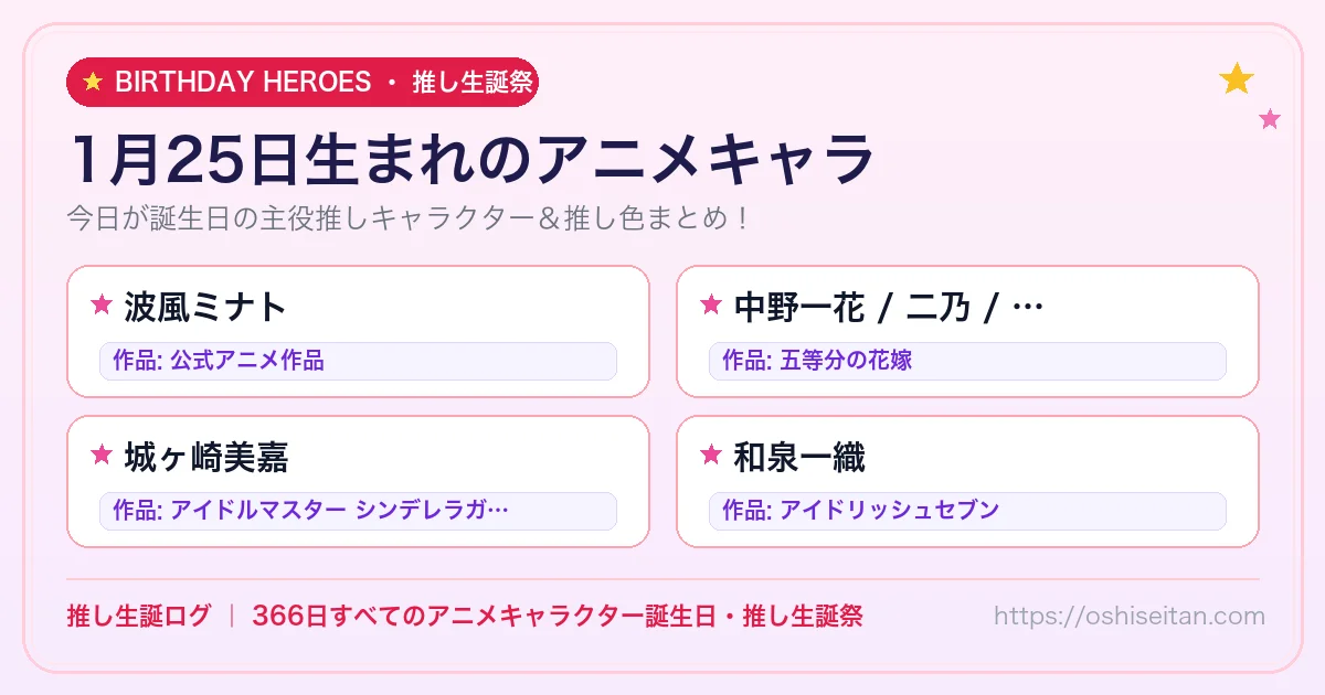 1月25日生まれのアニメキャラ一覧！【波風ミナト・中野一花 / 二乃 / 三玖 / 四葉 / 五月（公式諸説）・城ヶ崎美嘉】誕生日・推し生誕祭｜推し生誕ログ