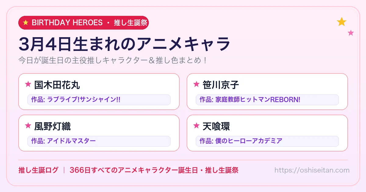 3月4日生まれのアニメキャラ一覧！【国木田花丸・笹川京子・風野灯織】誕生日・推し生誕祭｜推し生誕ログ