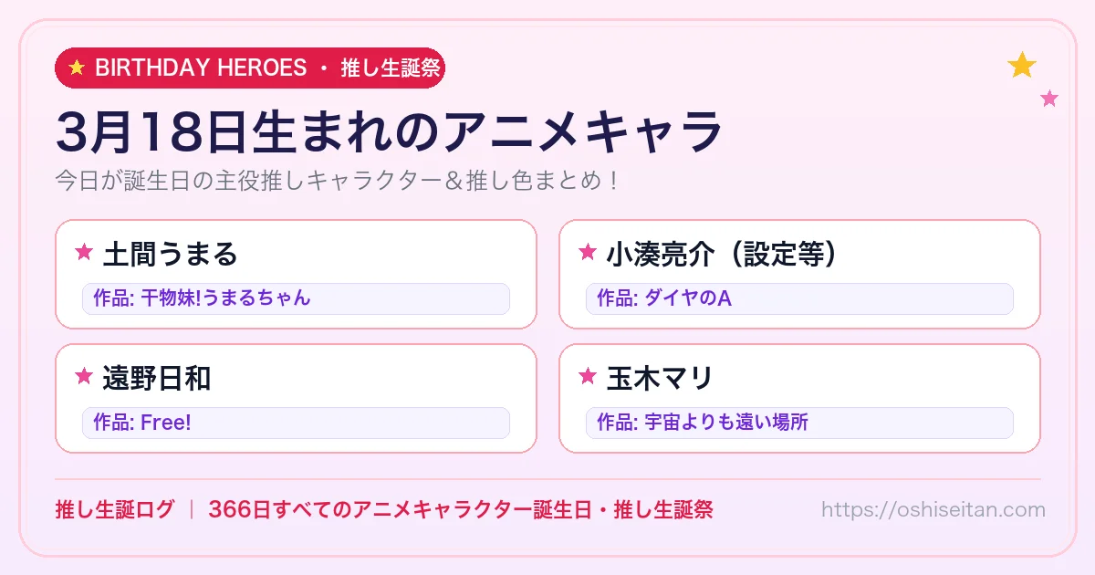 3月18日生まれのアニメキャラ一覧！【土間うまる・小湊亮介（設定等）・遠野日和】誕生日・推し生誕祭｜推し生誕ログ