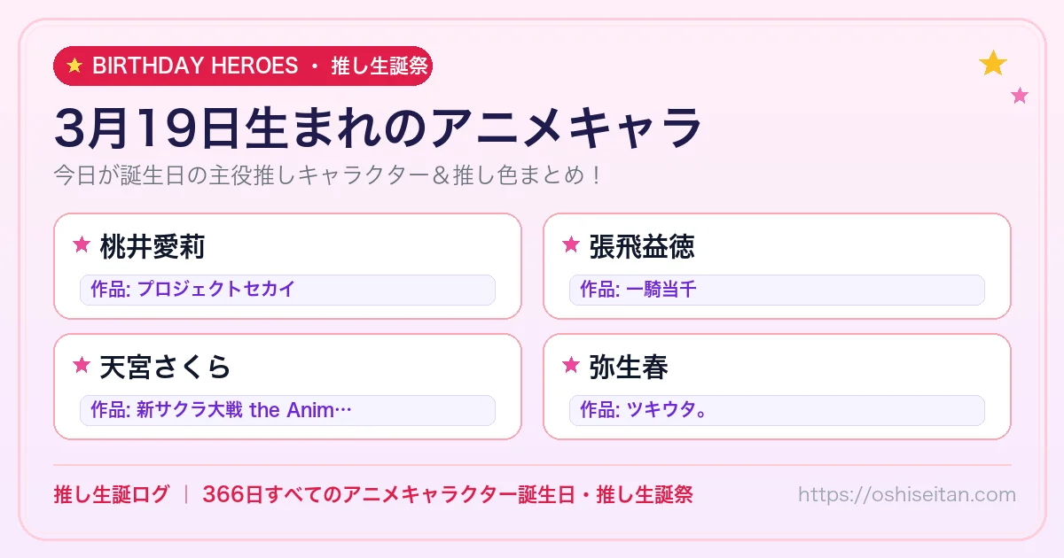 3月19日生まれのアニメキャラ一覧！【桃井愛莉・張飛益徳・天宮さくら】誕生日・推し生誕祭｜推し生誕ログ