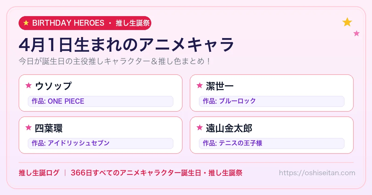 4月1日生まれのアニメキャラ一覧！【ウソップ・潔世一・四葉環】誕生日・推し生誕祭｜推し生誕ログ