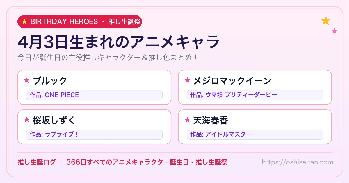 4月3日生まれのアニメキャラ一覧！【ブルック・メジロマックイーン・桜坂しずく】誕生日・推し生誕祭｜推し生誕ログ