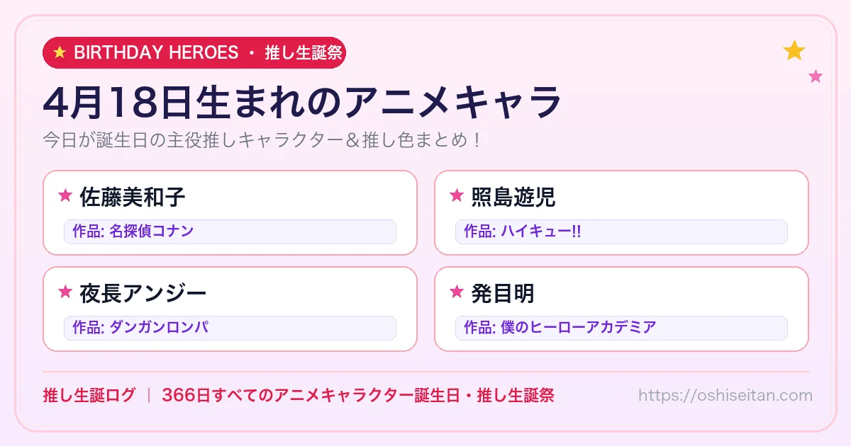 4月18日生まれのアニメキャラ一覧！【佐藤美和子・照島遊児・夜長アンジー】誕生日・推し生誕祭｜推し生誕ログ