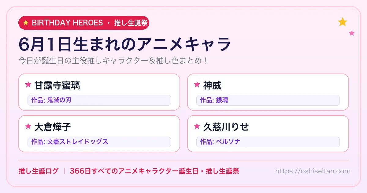 6月1日生まれのアニメキャラ一覧！【甘露寺蜜璃・神威・大倉燁子】誕生日・推し生誕祭｜推し生誕ログ