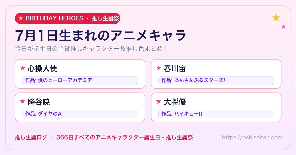 7月1日生まれのアニメキャラ一覧！【心操人使・春川宙・降谷暁】誕生日・推し生誕祭｜推し生誕ログ