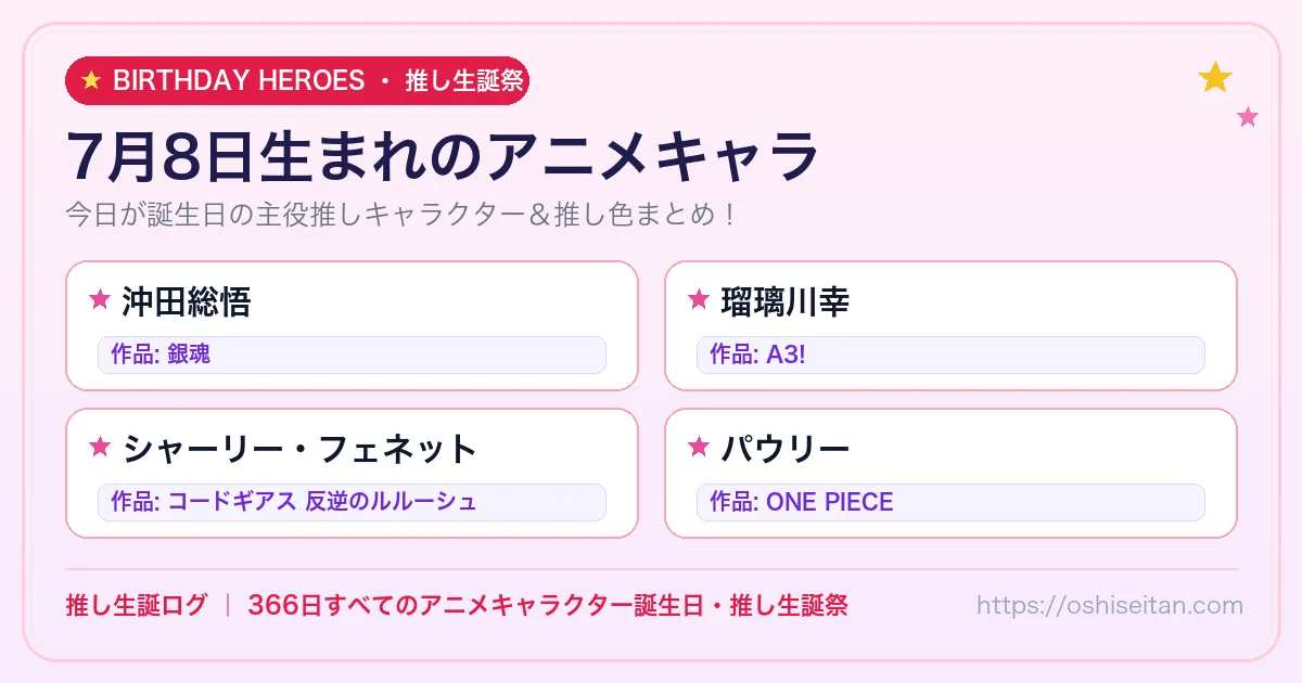 7月8日生まれのアニメキャラ一覧！【沖田総悟・瑠璃川幸・シャーリー・フェネット】誕生日・推し生誕祭｜推し生誕ログ