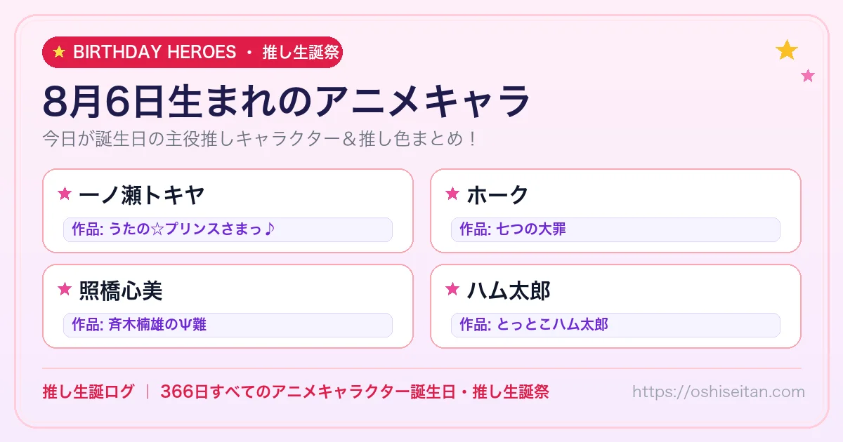 8月6日生まれのアニメキャラ一覧！【一ノ瀬トキヤ・ホーク・照橋心美】誕生日・推し生誕祭｜推し生誕ログ