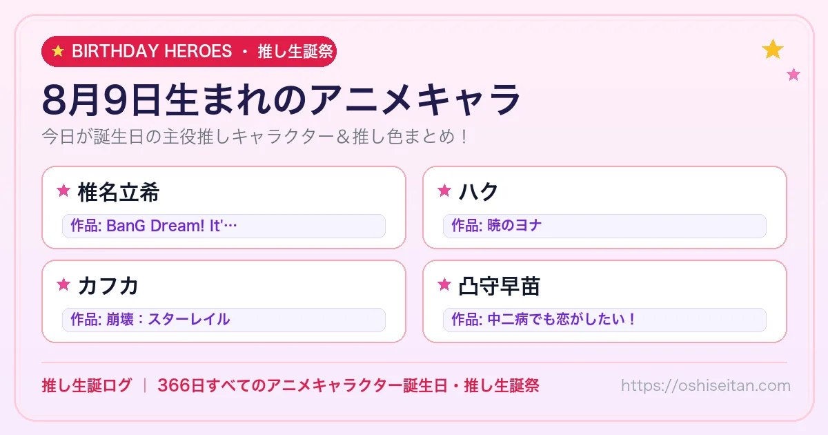 8月9日生まれのアニメキャラ一覧！【椎名立希・ハク・カフカ】誕生日・推し生誕祭｜推し生誕ログ