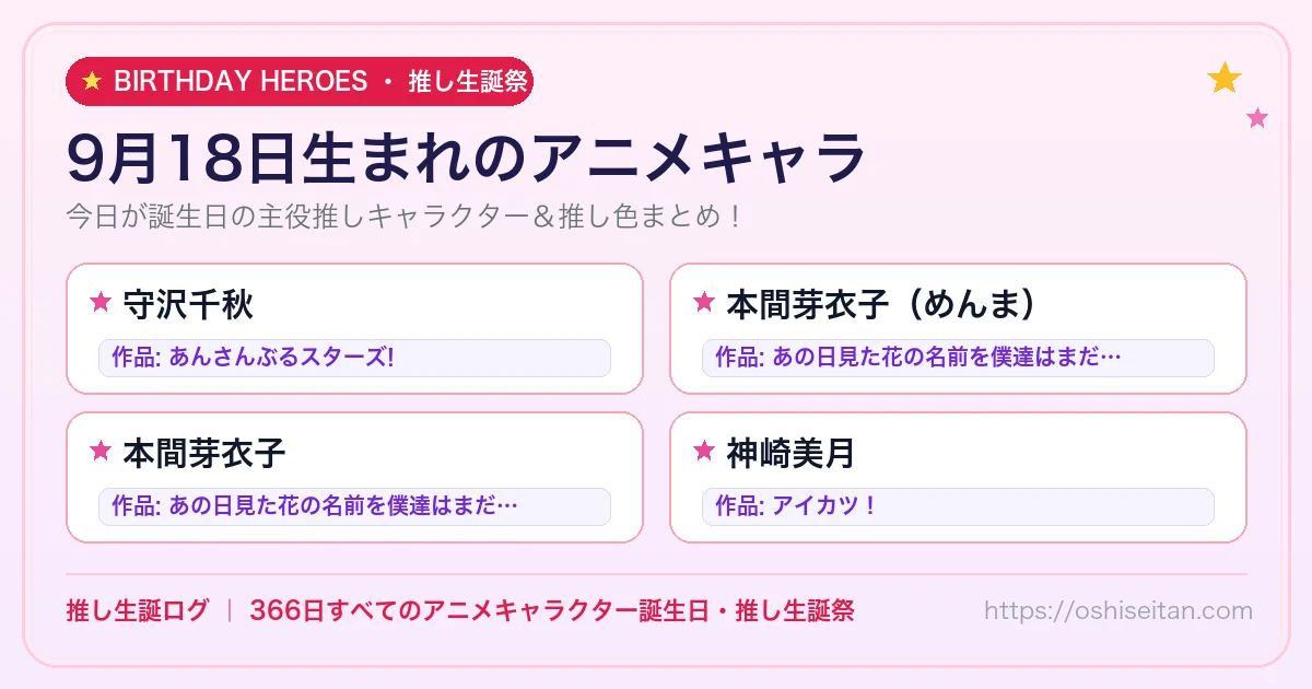 9月18日生まれのアニメキャラ一覧！【守沢千秋・本間芽衣子（めんま）・本間芽衣子】誕生日・推し生誕祭｜推し生誕ログ