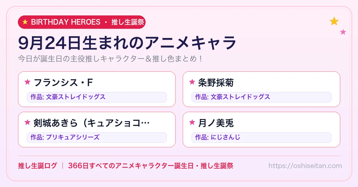 9月24日生まれのアニメキャラ一覧！【フランシス・F・条野採菊・剣城あきら（キュアショコラ）】誕生日・推し生誕祭｜推し生誕ログ