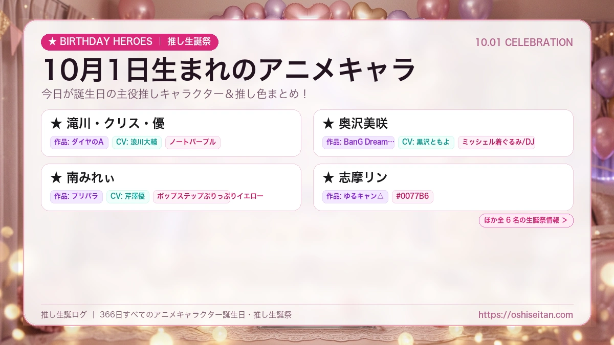 10月1日生まれのアニメキャラ一覧！【滝川・クリス・優・奥沢美咲・南みれぃ】誕生日・推し生誕祭｜推し生誕ログ