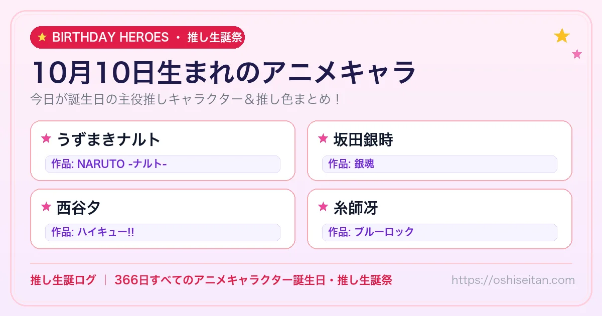 10月10日生まれのアニメキャラ一覧！【うずまきナルト・坂田銀時・西谷夕】誕生日・推し生誕祭｜推し生誕ログ