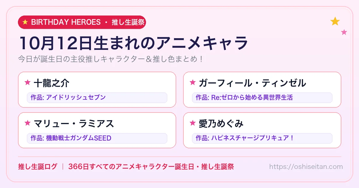 10月12日生まれのアニメキャラ一覧！【十龍之介・ガーフィール・ティンゼル・マリュー・ラミアス】誕生日・推し生誕祭｜推し生誕ログ
