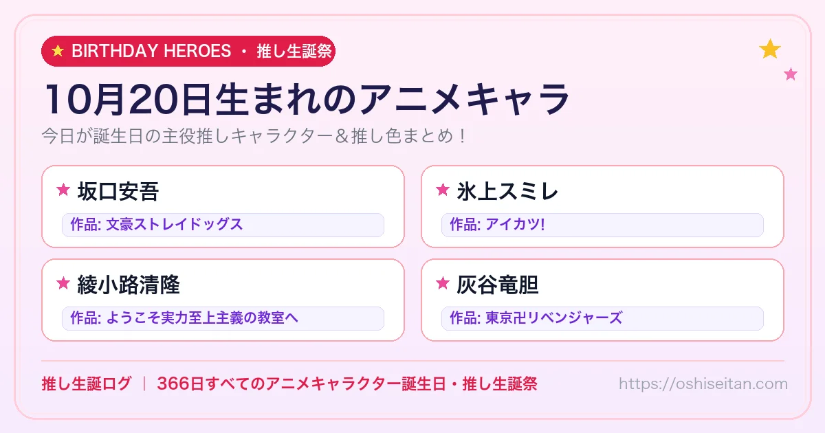 10月20日生まれのアニメキャラ一覧！【坂口安吾・氷上スミレ・綾小路清隆】誕生日・推し生誕祭｜推し生誕ログ