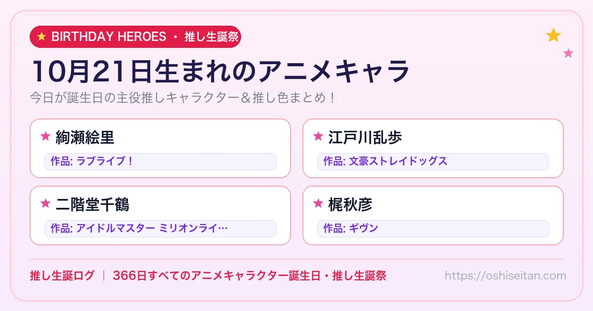 10月21日生まれのアニメキャラ一覧！【絢瀬絵里・江戸川乱歩・二階堂千鶴】誕生日・推し生誕祭｜推し生誕ログ