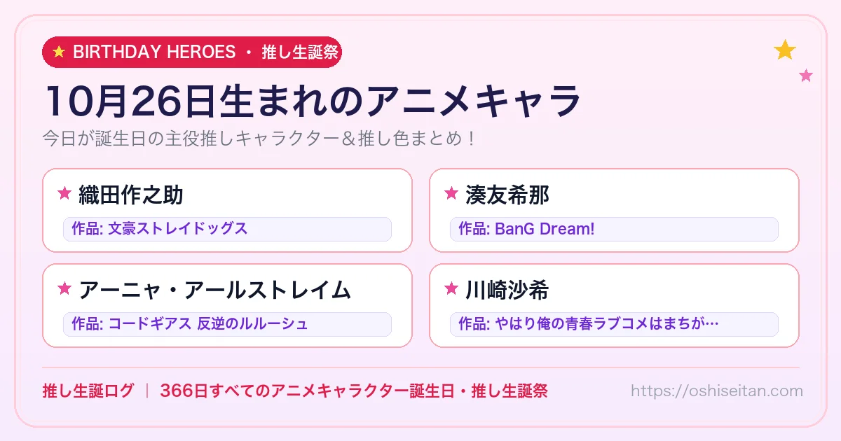 10月26日生まれのアニメキャラ一覧！【織田作之助・湊友希那・アーニャ・アールストレイム】誕生日・推し生誕祭｜推し生誕ログ