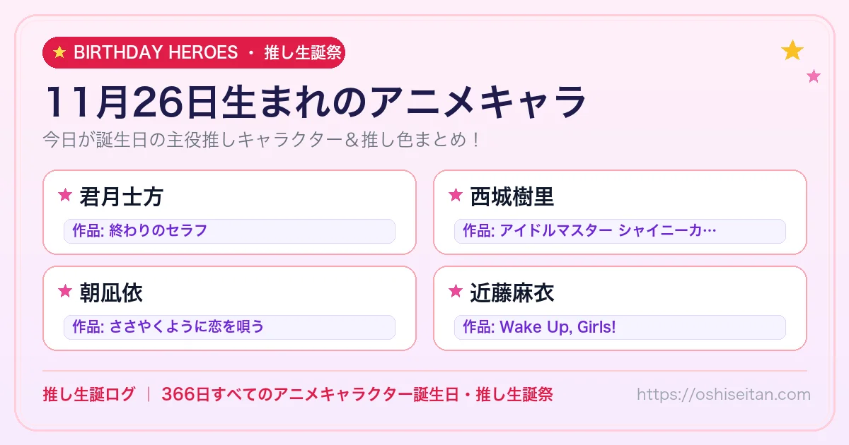 11月26日生まれのアニメキャラ一覧！【君月士方・西城樹里・朝凪依】誕生日・推し生誕祭｜推し生誕ログ