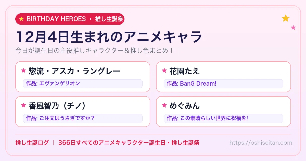 12月4日生まれのアニメキャラ一覧！【惣流・アスカ・ラングレー・花園たえ・香風智乃（チノ）】誕生日・推し生誕祭｜推し生誕ログ