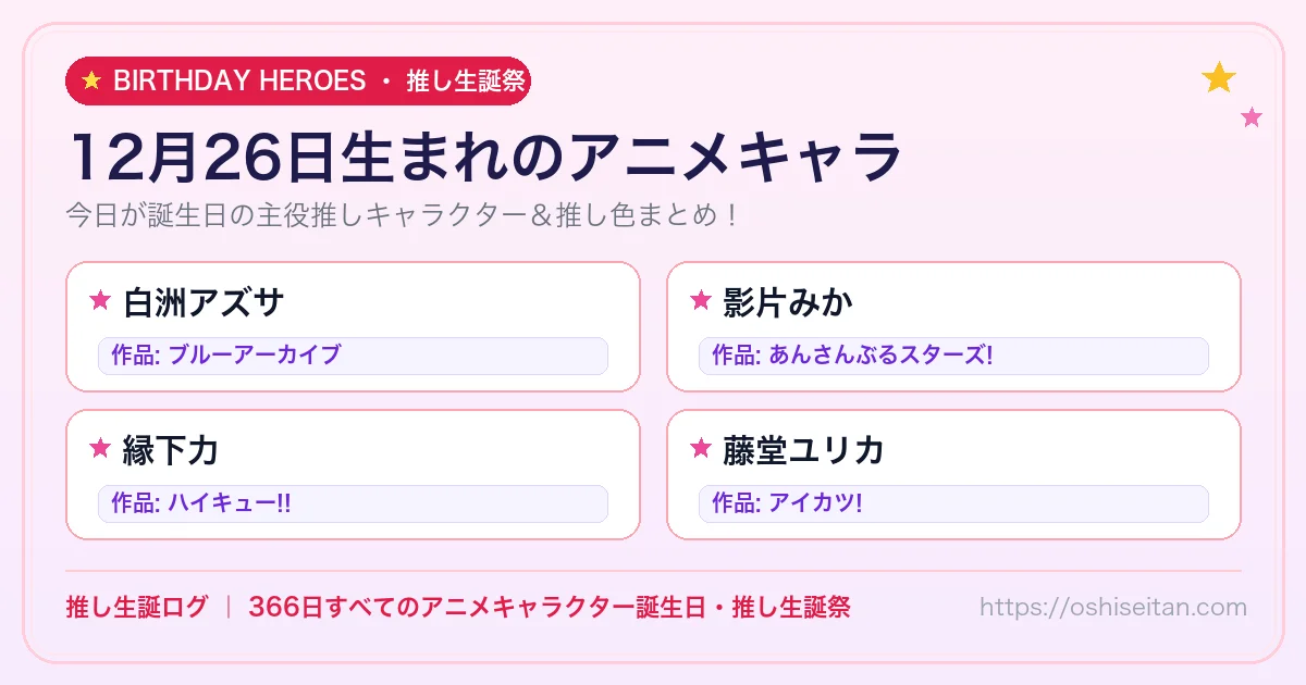 12月26日生まれのアニメキャラ一覧！【白洲アズサ・影片みか・縁下力】誕生日・推し生誕祭｜推し生誕ログ