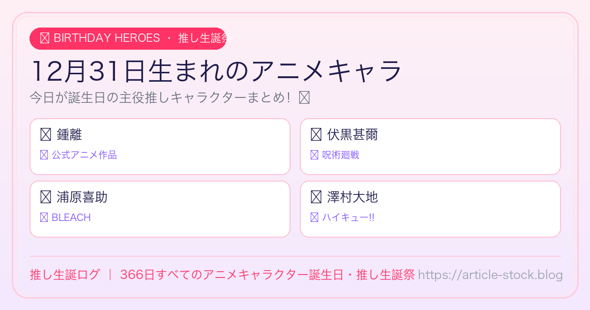 12月31日生まれのアニメキャラ誕生日・推し生誕祭一覧｜推し生誕ログ